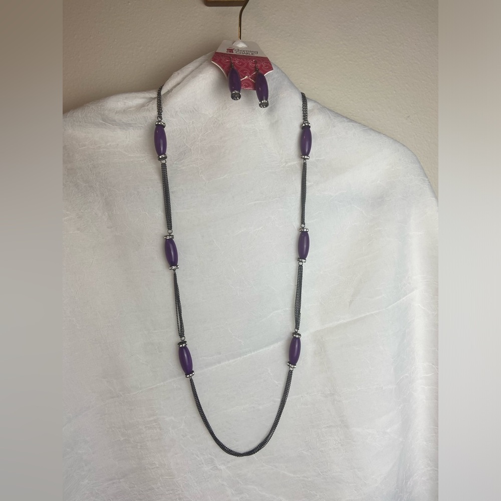 Elegant Purple Beaded Necklace With Extension includes matching earrings